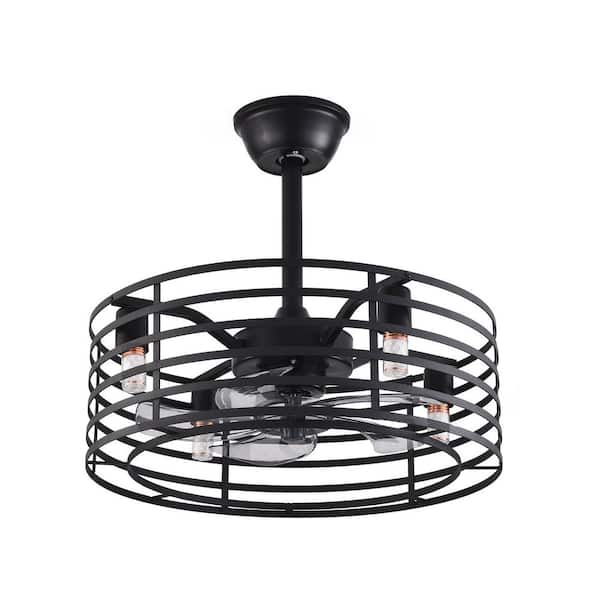 OUKANING 20 in. Black Indoor Modern Industrial Style Metal Cage Ceiling Fan with Light Kit and Remote Control