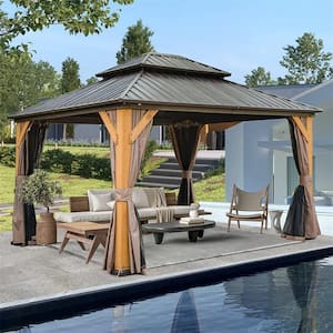 12 ft. x 14 ft. Brown Outdoor Cedar Wood Frame Canopy with Galvanized Steel Double Roof Hardtop Gazebo with Curtains