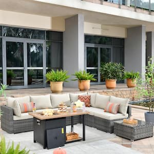 Sanibel Gray 8-Piece Wicker Outdoor Patio Conversation Sofa Seating Set with a Storage Fire Pit and Beige Cushions