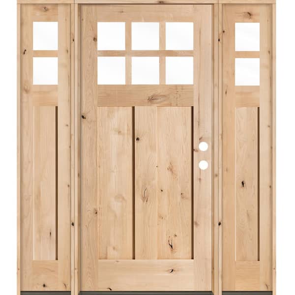 Krosswood Doors 64 in. x 80 in. Craftsman Alder 2 Panel 6-Lite Clear Low-E Unfinished Wood Left-Hand Prehung Front Door/Sidelites