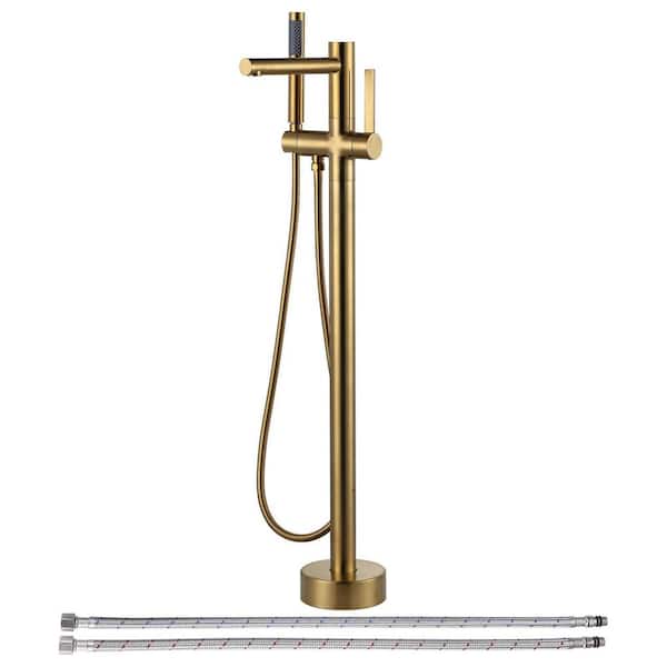 Single Handle Floor Mounted Brass Bathroom Freestanding Tub Filler Faucet with Hand Shower in Brushed Gold