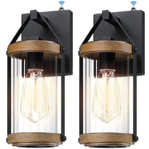 Advanced 13 in. Black and Wood Texture Dusk to Dawn Indoor/Outdoor Hardwired Coach Sconce with No Bulbs Included 2-Pack