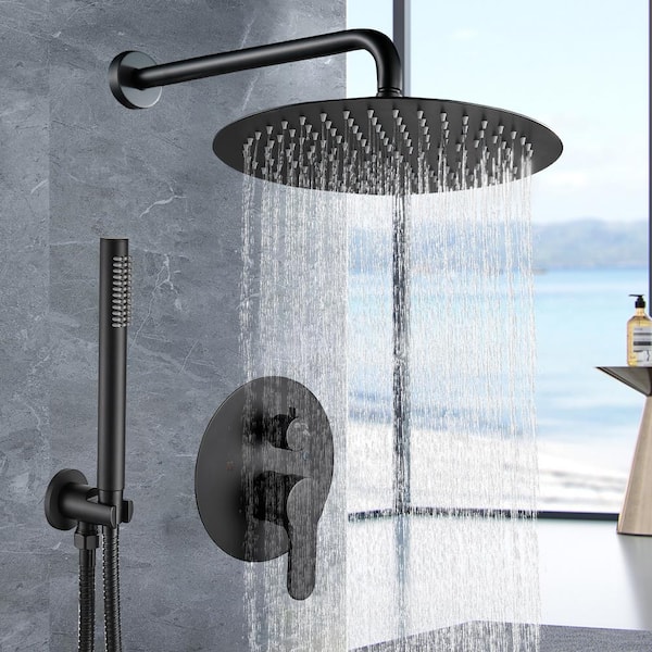 Rain Single Handle 1-Spray with Valve 1.8 GPM 12 in. Pressure Balance Dual Shower Heads Hand Shower Faucet in Black