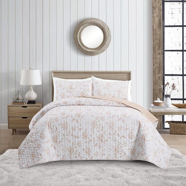VIDERI HOME Floral Vine Beige Full/Queen Microfiber Quilt Set