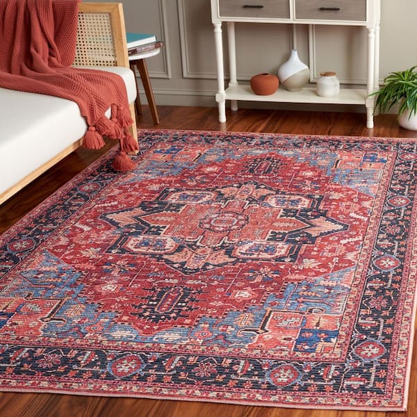 Serapi Red/Blue 7 ft. x 7 ft. Machine Washable Border Ornate Square Area Rug