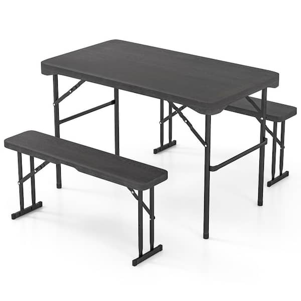 3-Piece Metal Folding Outdoor Dining Set Table Bench Set with All-Weather HDPE Tabletop and Sturdy Metal Frame