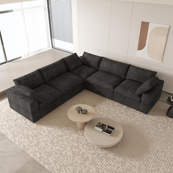 J&E Home 120.45 in. W Square Arm Linen Modular 5-Pieces Free Combination Sofa in Black