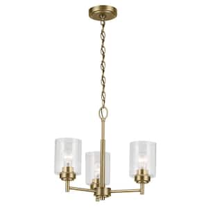 Winslow 18 in. 3-Light Natural Brass Contemporary Shaded Cylinder Mini Chandelier for Dining Room