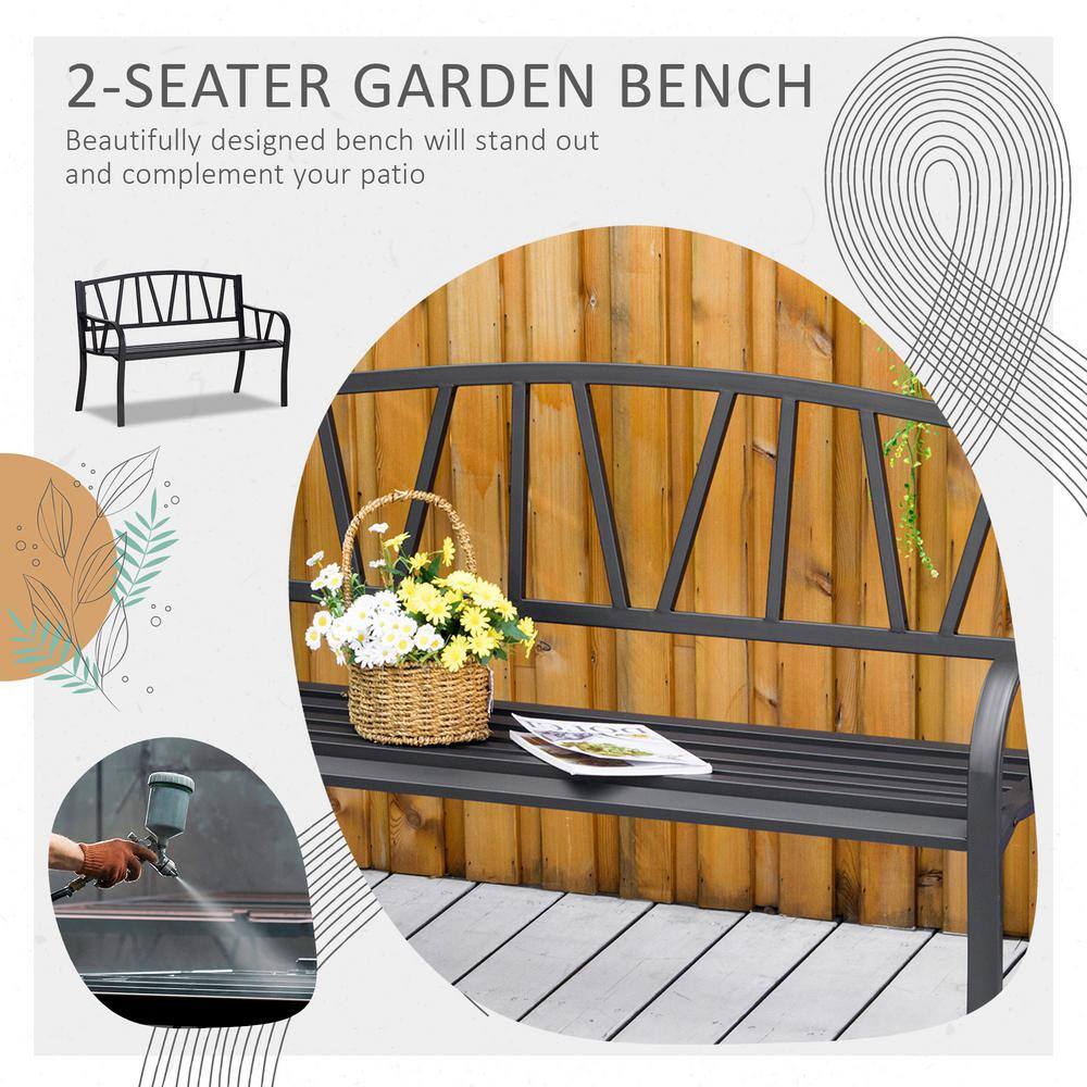 Black 50 in. 2-Person Iron Outdoor Garden Bench with Armrests