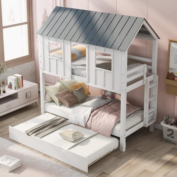 White Twin Over Twin House Bunk Beds with Trundle, Roof, and Windows, Fun Playhouse Bunked Frame
