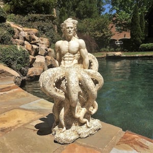 21 in. Antique White Octoman Male Mermaid Sitting on Coastal Rock Nautical Beach Garden Statue