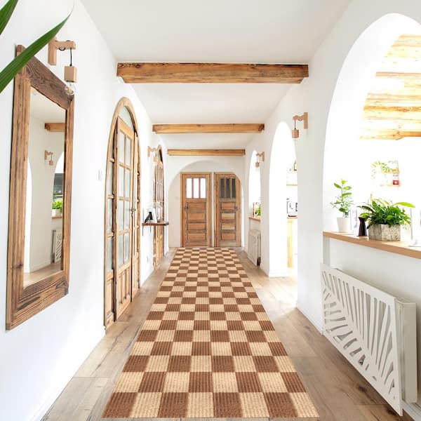 Heavy Duty Checkered Beige and Brown 31 in. W x 15 ft. L Indoor/Outdoor Runner Rug