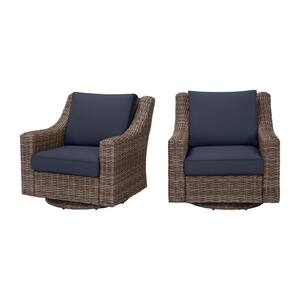 Rock Cliff Brown Wicker Outdoor Patio Swivel Rocking Chair with CushionGuard Midnight Navy Blue Cushions (2-Pack)