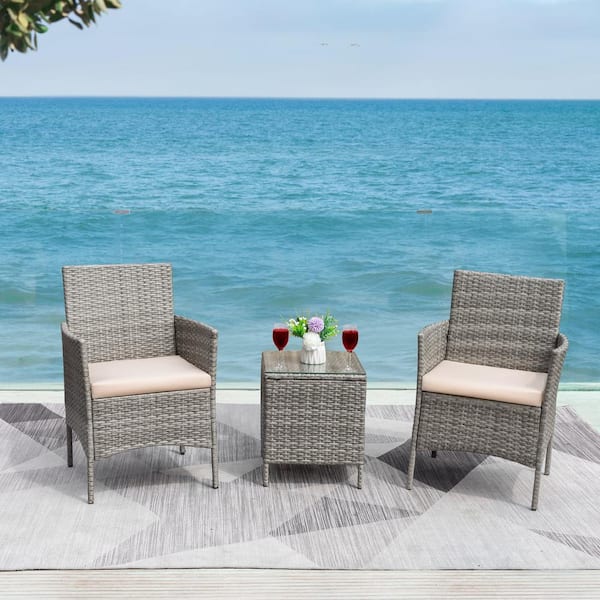 Gray 3-Pieces Patio Furniture PE Rattan Outdoor Conversation Set with Table Backyard Garden Set with Beige Cushion