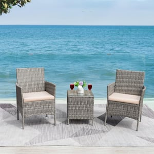 Gray 3-Pieces Patio Furniture PE Rattan Outdoor Conversation Set with Table Backyard Garden Set with Beige Cushion