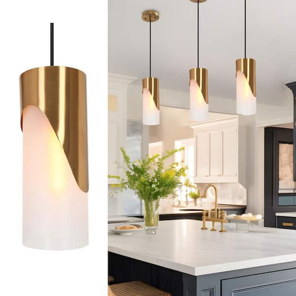 Zevni 4.7 in. 1-Light Brass Modern Pendant Light, Kitchen Island Pendant Hanging Light, Farmhouse Frosted Glass Light Fixture