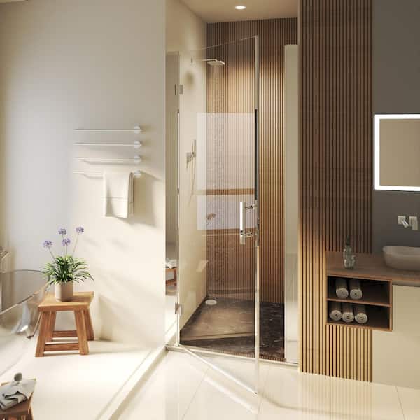 32 in. to 34 in. W x 72 in. H Pivot Hinged Swing Frameless Shower Door in Chrome with Clear Glass