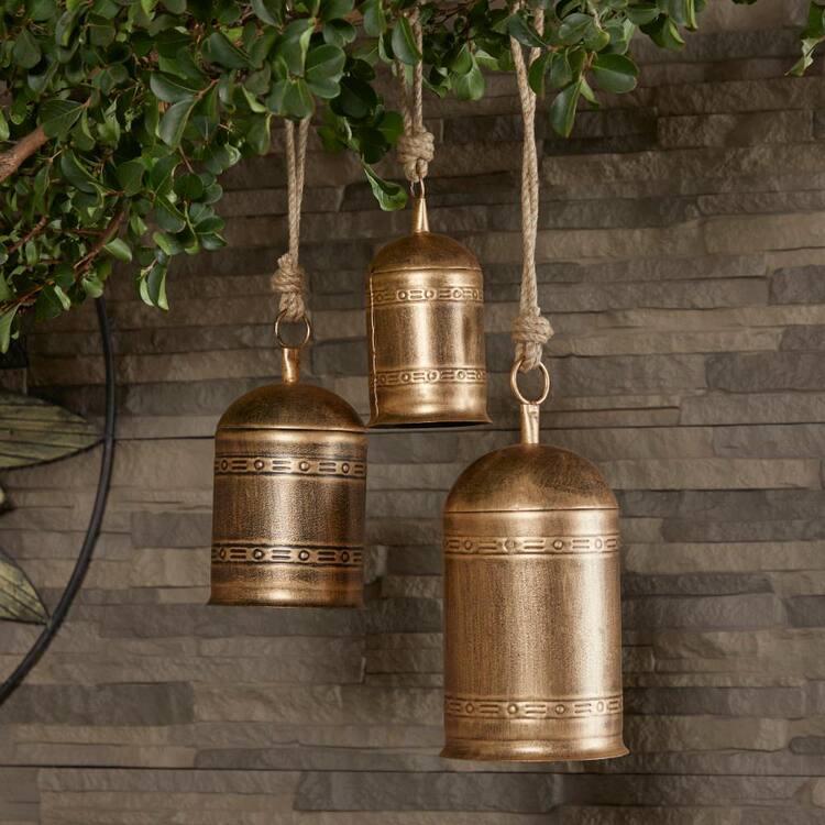 Litton Lane 5 in. x 10 in. Gold Metal Tibetan Inspired Cylindrical Decorative Cow Bell with Jute Hanging Rope (3-Pack)