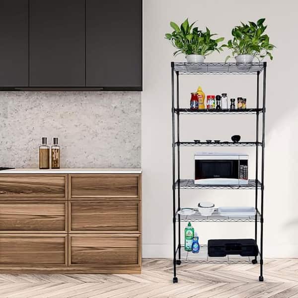 6-Tier Shelving Units, Adjustable Wire Shelving with Hanging Hooks and Wheels, Black
