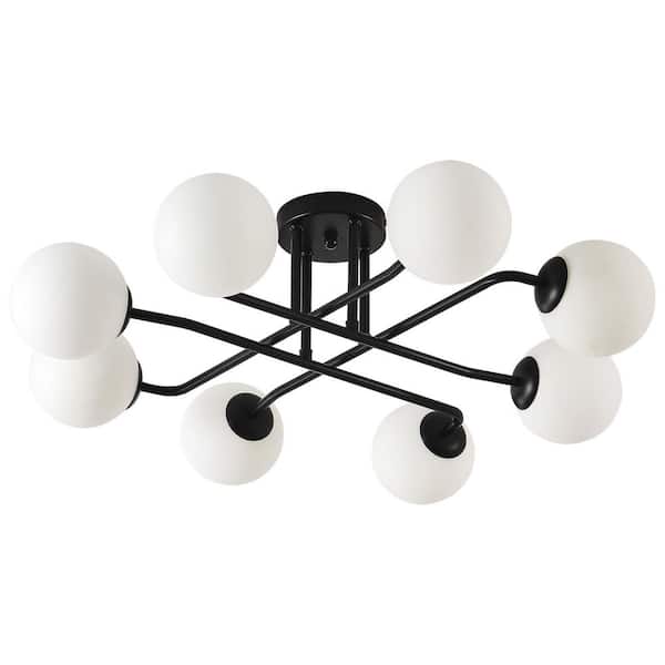 Modern 27.2 in. 8-LIght Black Sputnik Semi-Flush Mount Ceiling Light Fixture with Globe Frosted Glass Shade