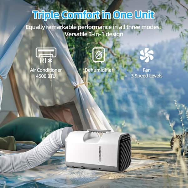 4500 BTU Portable Air Conditioner Cools 150 sq.ft. with Remote, Dehumidifier, for Tent, Camping, RV, 24Hr Timer in Gray