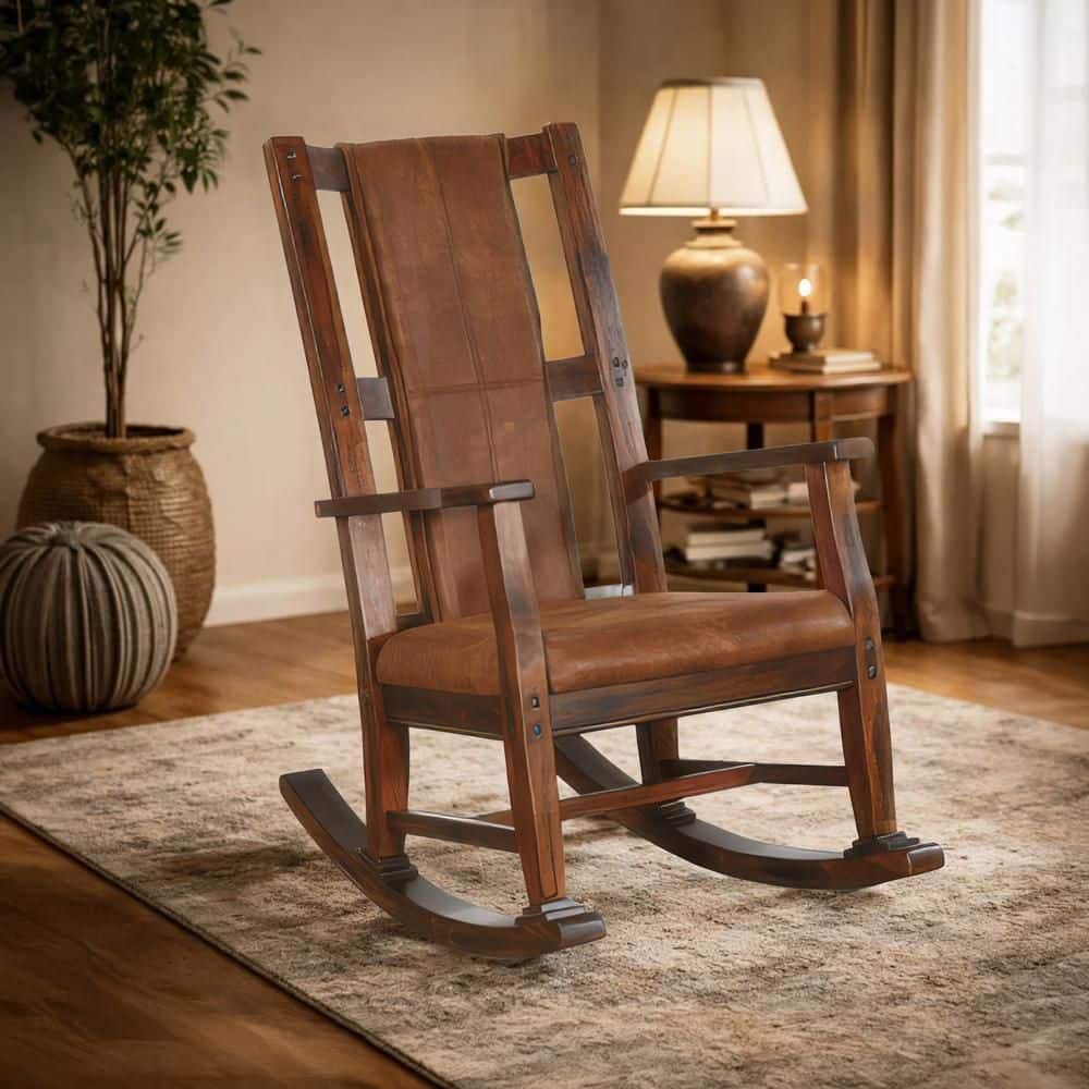 Benjara Odel Dark Chocolate Brown Faux Leather Arm Rocking Chair