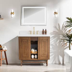 36 in. W x 22 in. D x 36 in. H Single Sink Freestanding Bath Vanity in Brown with White Marble Top and Backsplash