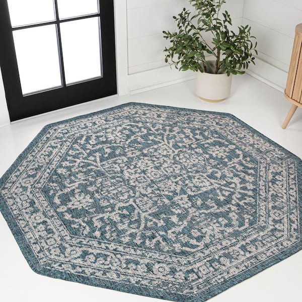Malta Bohemian Medallion Textured Weave Teal/Gray 8 ft. Octagon Indoor/Outdoor Area Rug