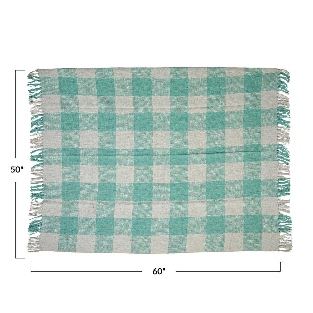 Mint and Cream Hand-Woven Cotton Plaid Throw with Fringe