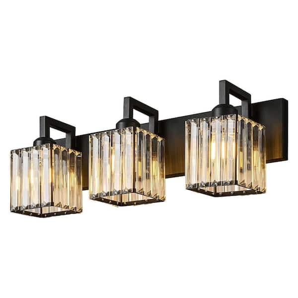 Home Lighting Fixture Width 20.47" In. " 3-Light Black Modern Crystal Vanity Lights Wall Sconces for Bathroom