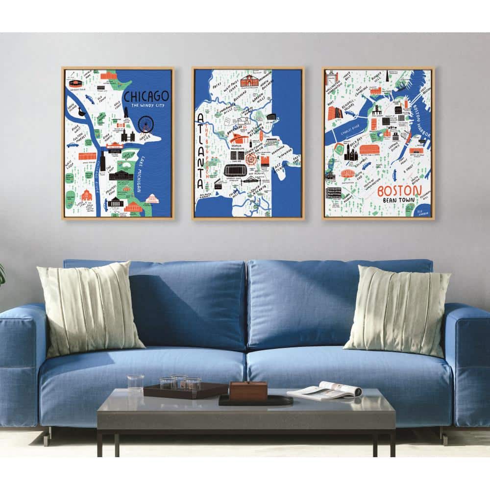 Chicago Illustration Framed Canvas Art in Natural Wood Frame