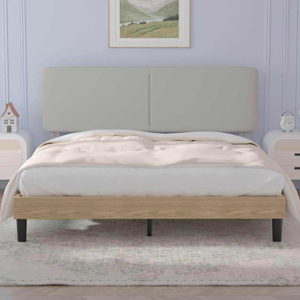 VECELO Upholstered Bed Frame With Linen Fabric Headboard, Strong Wood ...