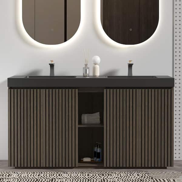 60 in. Large Storage Double Sink Freestanding Walnut Bath Vanity with Black Solid Surface Top