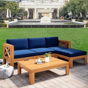 Patio 5-Piece Brown Wood Outdoor Sectional Sofa Set Conversation Furniture Set with Blue Cushions, Table