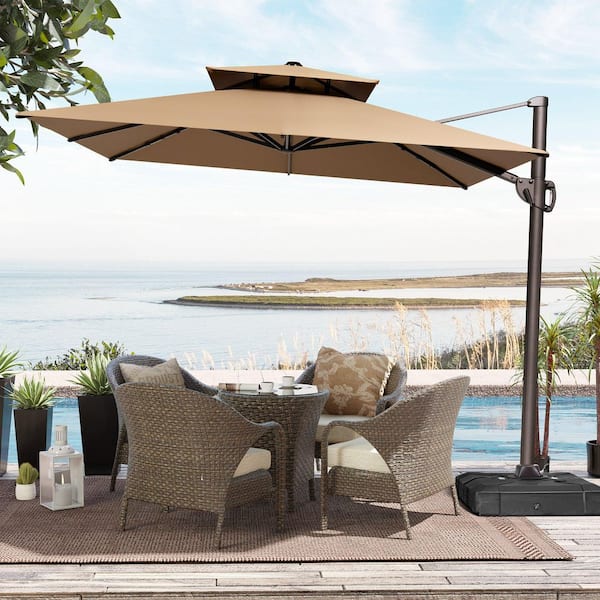 Crestlive Products 9 ft. x 11.5 ft. Double Top Cantilever Patio Umbrella in Tan with 220 lbs. Base Stand