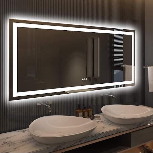 Apmir 60 in. W x 28 in. H Large Rectangular Frameless Double LED Lights Anti-Fog Wall Bathroom Vanity Mirror in Tempered Glass