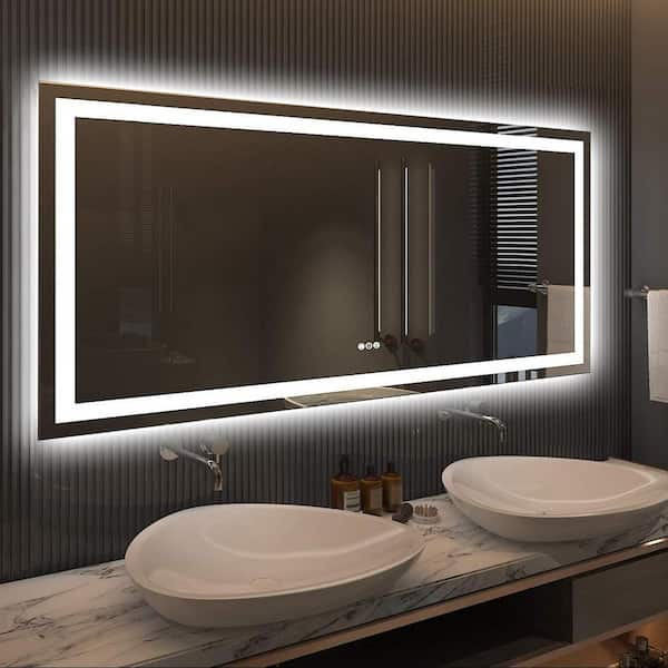 Apmir 60 in. W x 28 in. H Large Rectangular Frameless Double LED Lights Anti Fog Wall Bathroom Vanity Mirror in Tempered Glass L001AC15070 The Home Depot