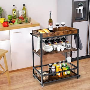 Brown 3-Tier Rolling Kitchen Bar Cart Serving Trolley Wine Rack Removable Tray