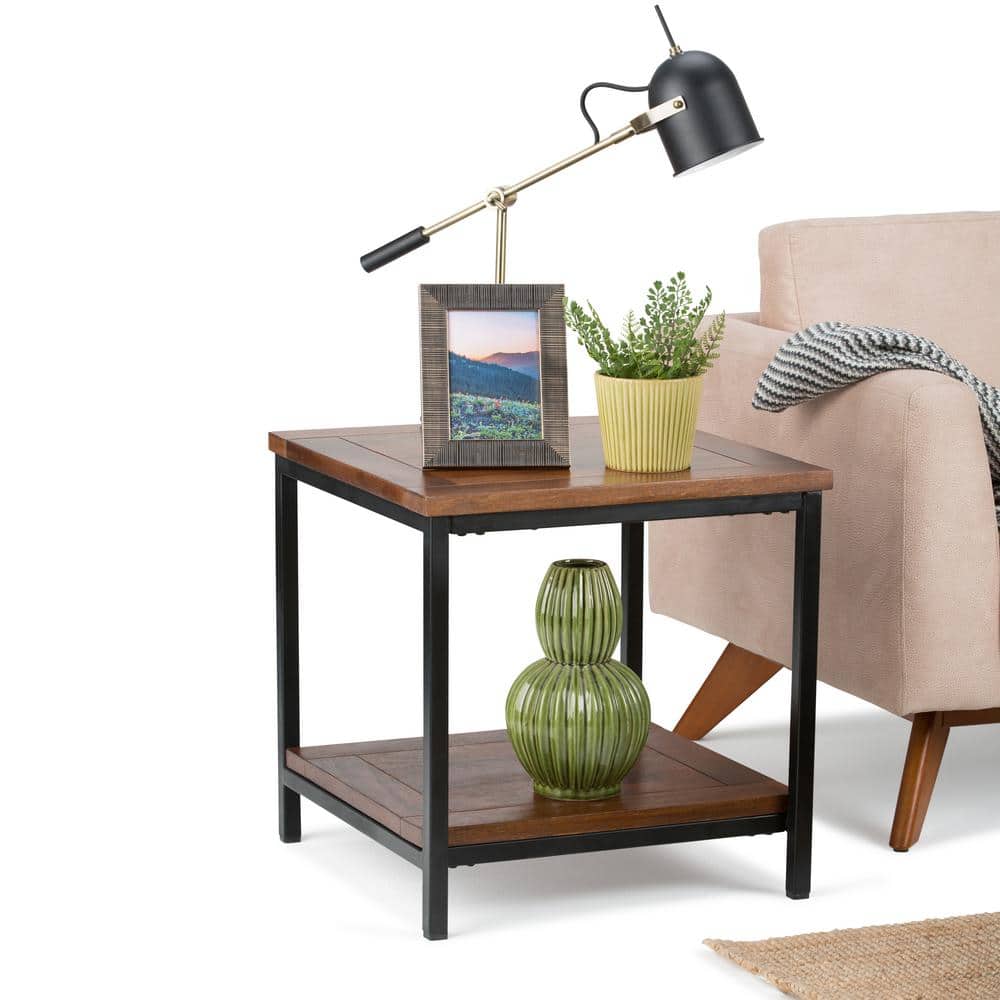 Skyler 22" Square Industrial End Table with Shelf in Dark Cognac Brown