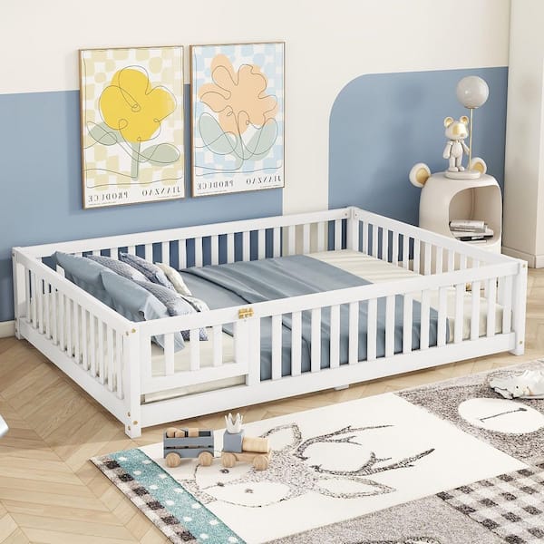 White Full Size Wood Floor Bed Frame with Safety Guardrails and Door Low Platform Bed with Bed Slats for Kids