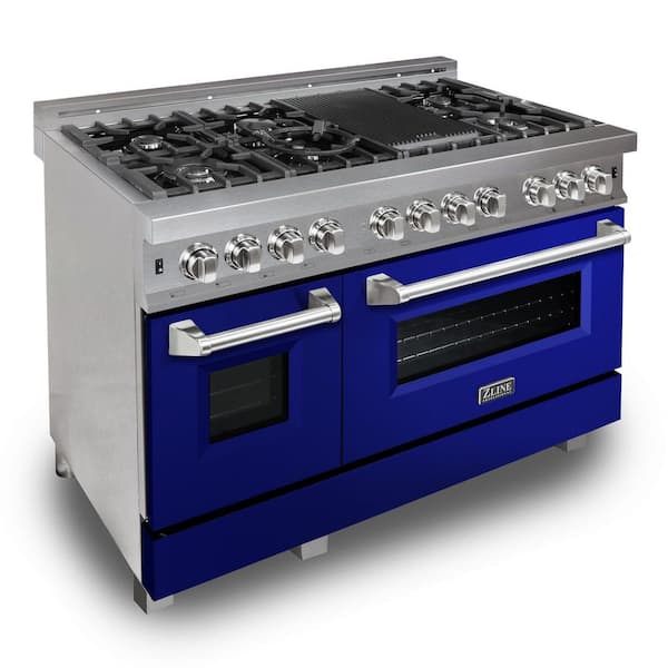 ZLINE Kitchen and Bath 48 in. 7 Burner Double Oven Dual Fuel Range with Blue Gloss Door in Fingerprint Resistant Stainless Steel