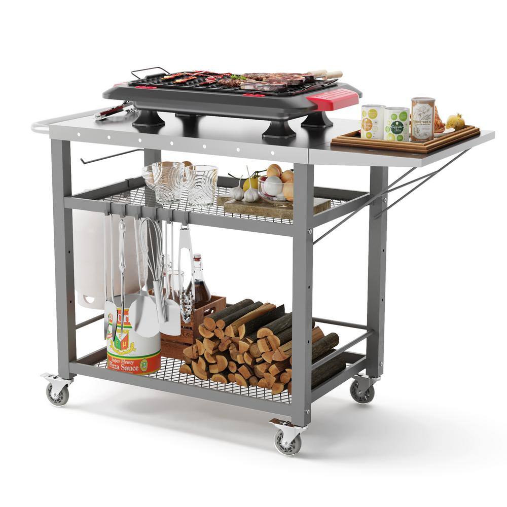 Gray Stainless Steel 3-Tier Foldable Outdoor Grill Cart