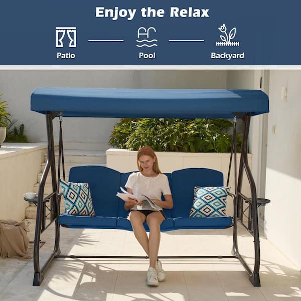 3-Person Metal Patio Swing Porch Swing with Stand, Blue Cushions