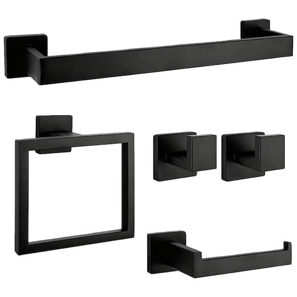 5-Pieces Matte Black Stainless Steel Bathroom Hardware Accessories Set Includes Towel Bar Ring Paper Holder Towel Hooks