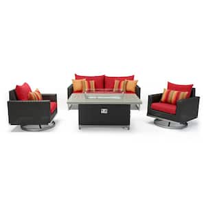 Milo Espresso 4-Piece Wicker Patio Motion Fire Pit Deep Seating Set with Sunset Red Cushions