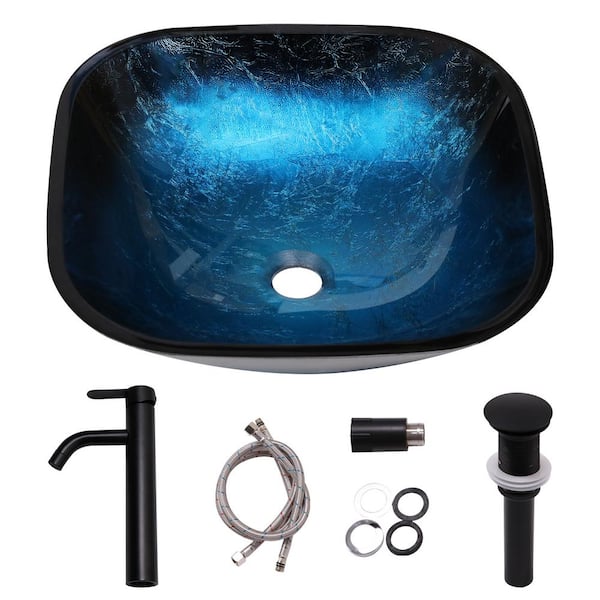 16 in. Blue Above Counter Square Bathroom Glass Vessel Sink with Faucet Drain