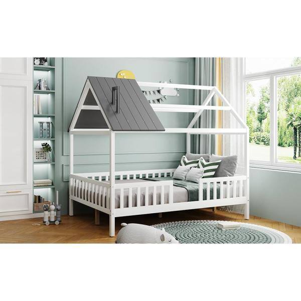 ANBAZAR White and Gray Full Size Kids House Bed Platform Bed with Roof and  Safety Rail, Wood Kids Canopy Bed Frame with Fence 01764ANNA-D - The Home  Depot