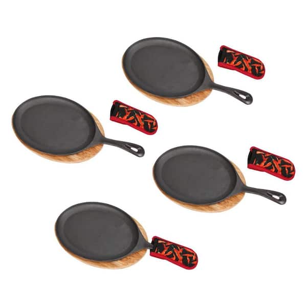 4-Piece Cast Iron Fajita Skillet Set with Wooden Base and Handle Cover, Sizzler Plates for Steak and Grill
