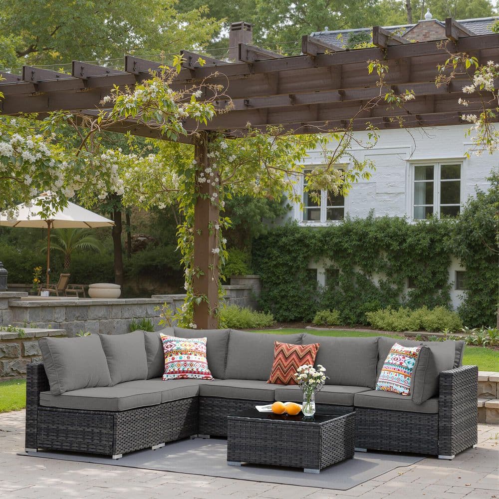 Hoppie Gray 7-Piece Wicker Outdoor Sectional Set with Dark Gray Cushions price history on PriceWatchPro