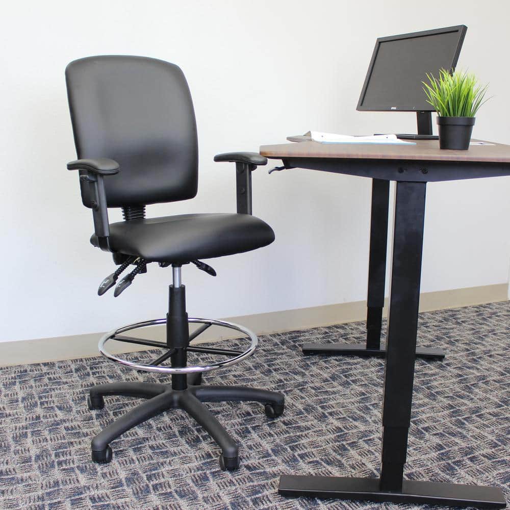Adjustable Black LeatherPlus Drafting Chair with Swivel & Chrome Footring